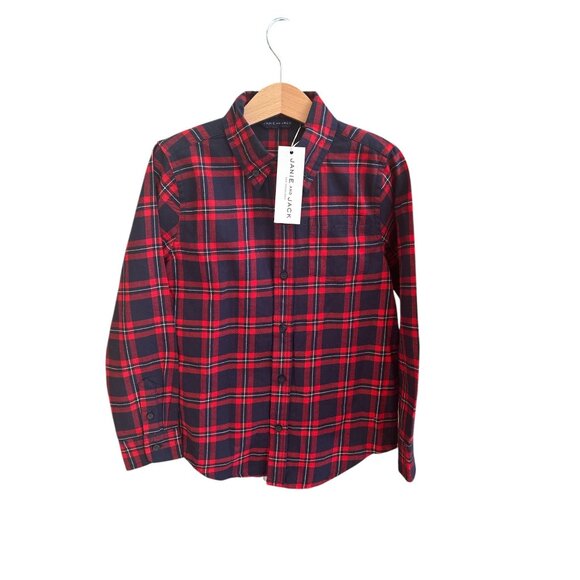 Janie & Jack Boys Long Sleeve Red & Navy Plaid Button-Down Shirt Size 6 - Picture 1 of 8